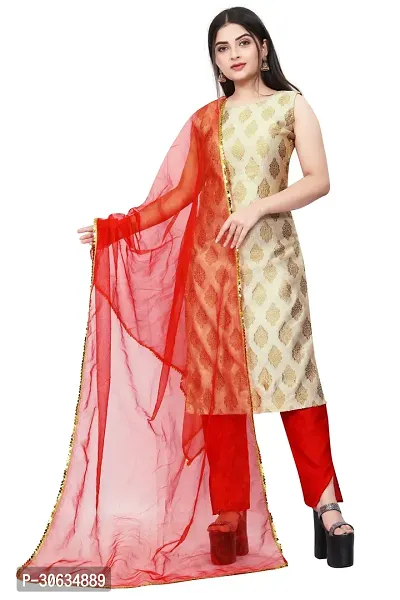 Elegant Beige Banarasi Silk Jacquard Weave Dress Material with Dupatta For Women