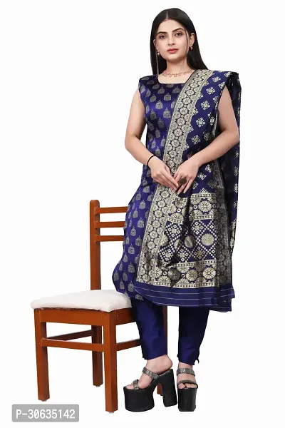 Elegant Navy Blue Banarasi Silk Jacquard Weave Dress Material with Dupatta For Women