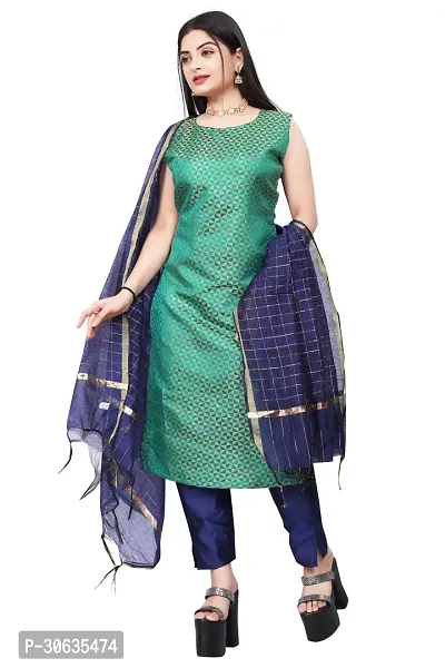 Elegant Green Banarasi Silk Jacquard Weave Dress Material with Dupatta For Women-thumb0