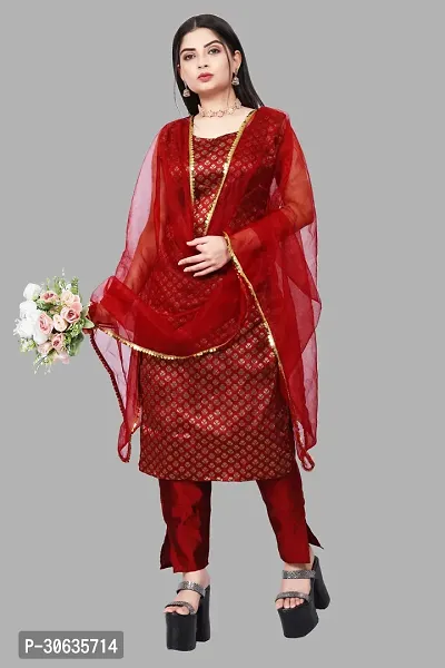 Elegant Maroon Banarasi Silk Jacquard Weave Dress Material with Dupatta For Women