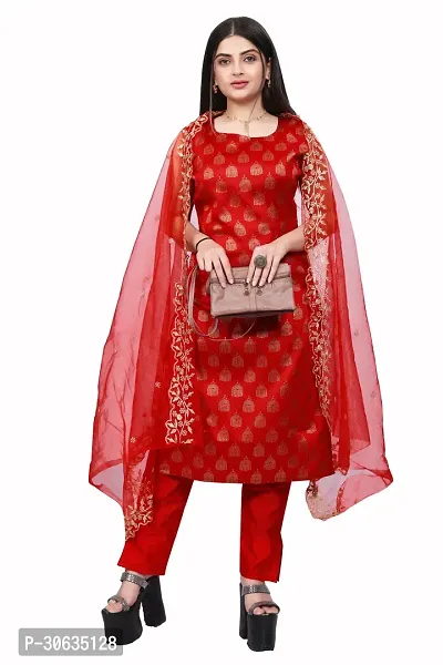 Elegant Red Banarasi Silk Jacquard Weave Dress Material with Dupatta For Women