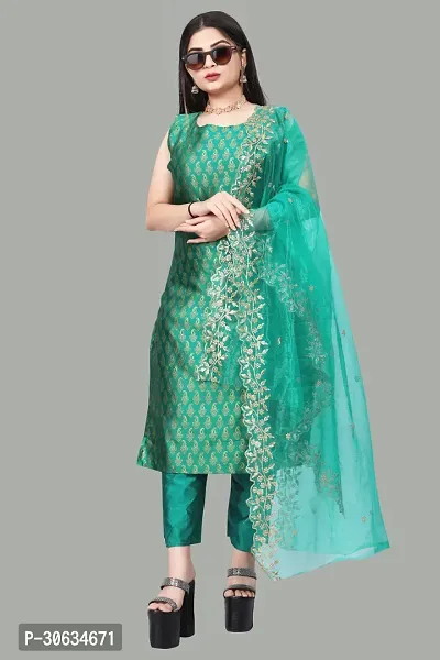 Elegant Green Banarasi Silk Jacquard Weave Dress Material with Dupatta For Women