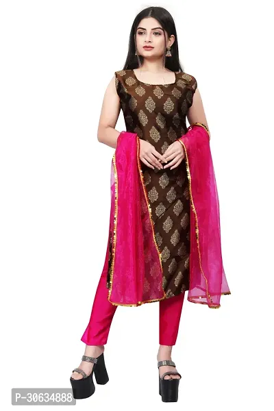 Elegant Brown Banarasi Silk Jacquard Weave Dress Material with Dupatta For Women