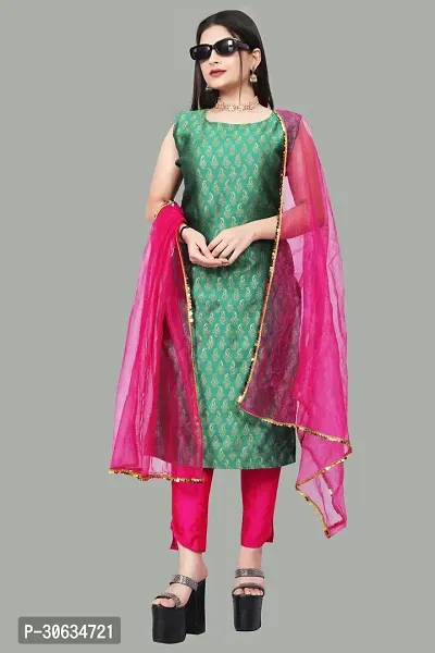 Elegant Green Banarasi Silk Jacquard Weave Dress Material with Dupatta For Women-thumb0