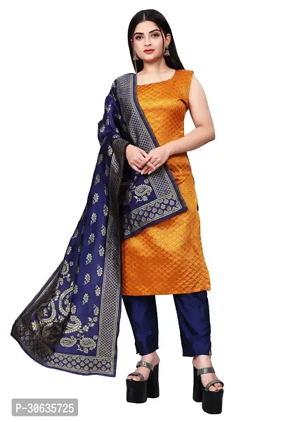 Elegant Orange Banarasi Silk Jacquard Weave Dress Material with Dupatta For Women