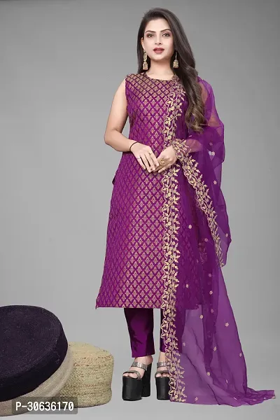 Elegant Purple Banarasi Silk Jacquard Weave Dress Material with Dupatta For Women-thumb0