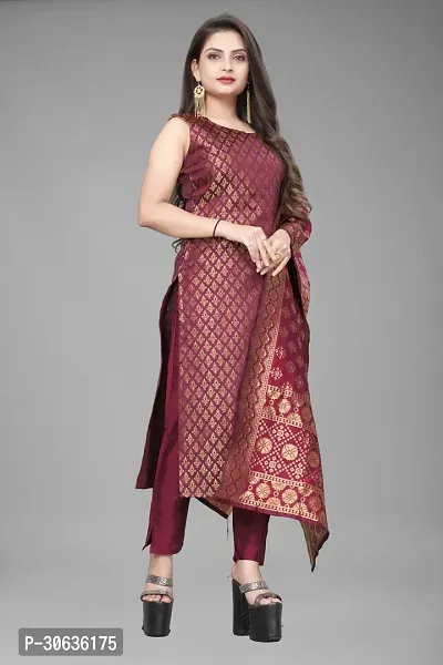 Elegant Maroon Banarasi Silk Jacquard Weave Dress Material with Dupatta For Women-thumb0