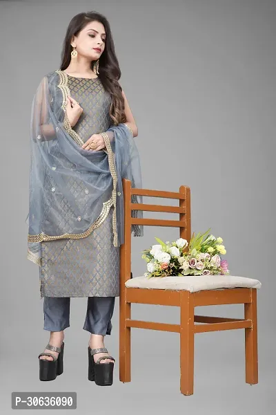 Elegant Grey Banarasi Silk Jacquard Weave Dress Material with Dupatta For Women