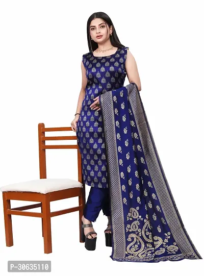 Elegant Navy Blue Banarasi Silk Jacquard Weave Dress Material with Dupatta For Women