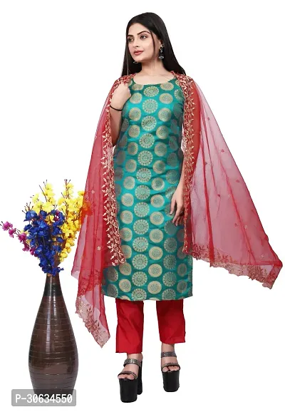 Elegant Green Banarasi Silk Jacquard Weave Dress Material with Dupatta For Women