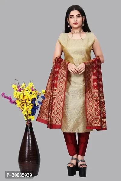 Elegant Beige Banarasi Silk Jacquard Weave Dress Material with Dupatta For Women