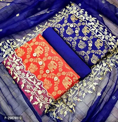 Elegant Navy Blue Banarasi Silk Jacquard Weave Dress Material with Dupatta For Women