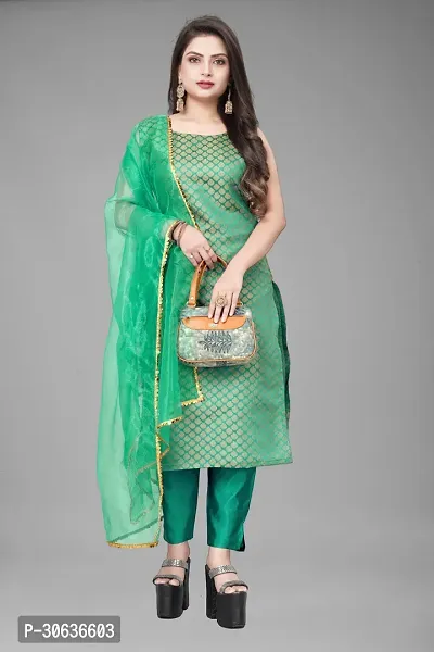 Elegant Green Banarasi Silk Jacquard Weave Dress Material with Dupatta For Women-thumb0