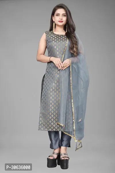 Elegant Grey Banarasi Silk Jacquard Weave Dress Material with Dupatta For Women