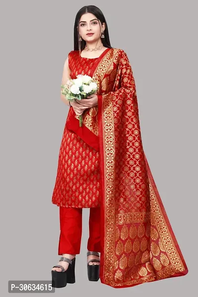 Elegant Red Banarasi Silk Jacquard Weave Dress Material with Dupatta For Women-thumb0