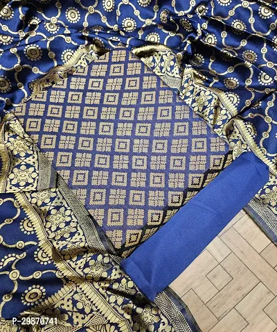 Elegant Navy Blue Banarasi Silk Jacquard Weave Dress Material with Dupatta For Women