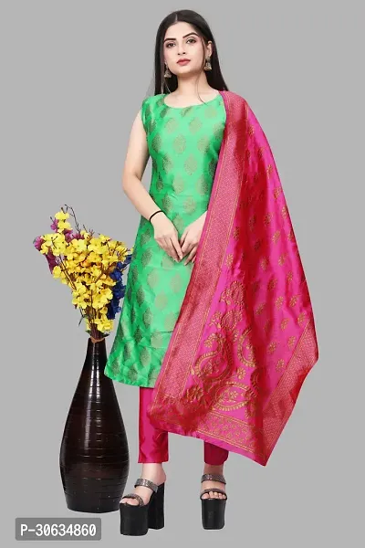 Elegant Green Banarasi Silk Jacquard Weave Dress Material with Dupatta For Women-thumb0