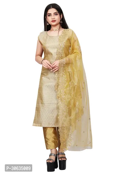 Elegant Beige Banarasi Silk Jacquard Weave Dress Material with Dupatta For Women