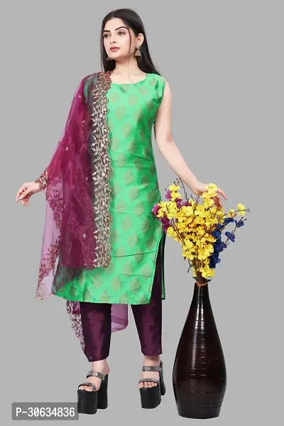 Elegant Green Banarasi Silk Jacquard Weave Dress Material with Dupatta For Women-thumb0