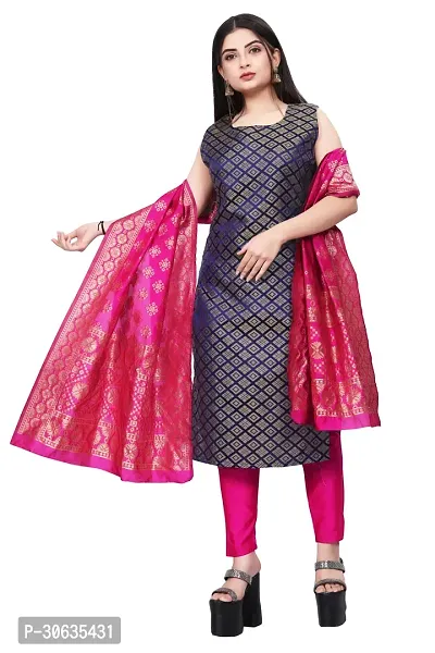 Elegant Navy Blue Banarasi Silk Jacquard Weave Dress Material with Dupatta For Women-thumb0