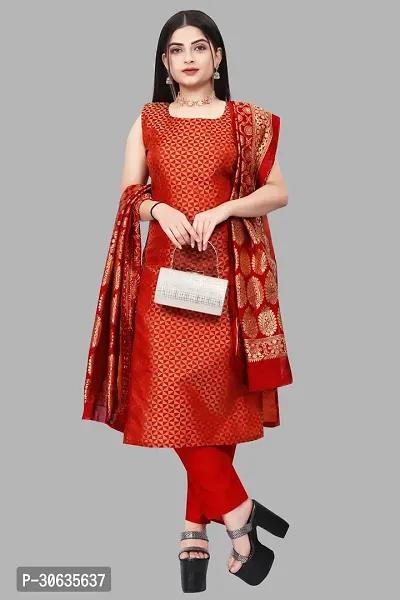 Elegant Red Banarasi Silk Jacquard Weave Dress Material with Dupatta For Women