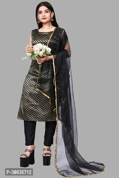 Elegant Black Banarasi Silk Jacquard Weave Dress Material with Dupatta For Women