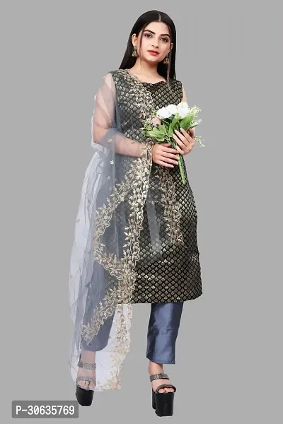 Elegant Black Banarasi Silk Jacquard Weave Dress Material with Dupatta For Women-thumb0