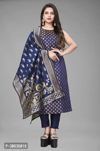 Elegant Navy Blue Banarasi Silk Jacquard Weave Dress Material with Dupatta For Women