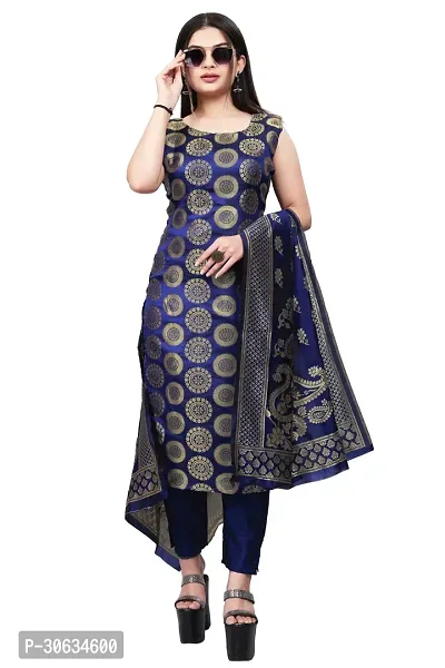 Elegant Navy Blue Banarasi Silk Jacquard Weave Dress Material with Dupatta For Women