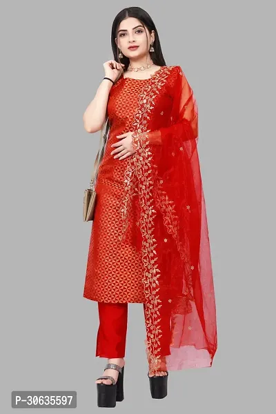 Elegant Red Banarasi Silk Jacquard Weave Dress Material with Dupatta For Women-thumb0