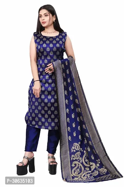 Elegant Navy Blue Banarasi Silk Jacquard Weave Dress Material with Dupatta For Women-thumb0