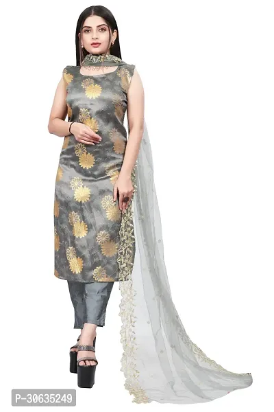 Elegant Grey Banarasi Silk Jacquard Weave Dress Material with Dupatta For Women