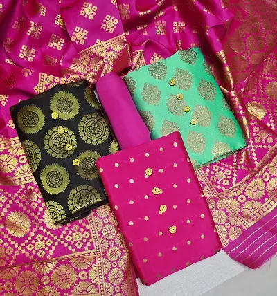 TRENDY BANARASI SILK JAQUARD UN-STITCHED 3 TOP COMBO SALWAR SUIT WITH BANARASI SILK DUPATTA