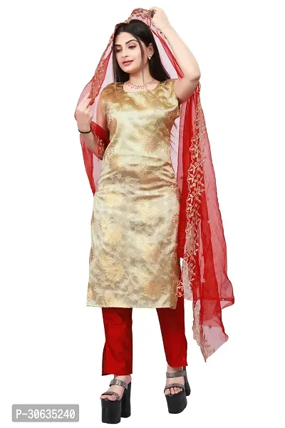 Elegant Beige Banarasi Silk Jacquard Weave Dress Material with Dupatta For Women