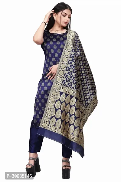 Elegant Navy Blue Banarasi Silk Jacquard Weave Dress Material with Dupatta For Women-thumb0