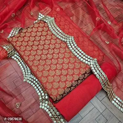 Elegant Red Banarasi Silk Jacquard Weave Dress Material with Dupatta For Women