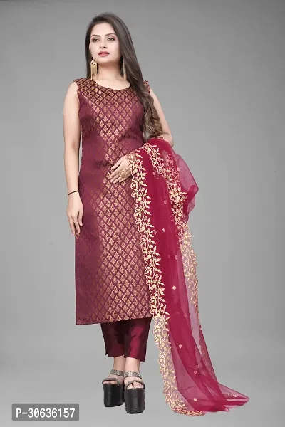 Elegant Maroon Banarasi Silk Jacquard Weave Dress Material with Dupatta For Women