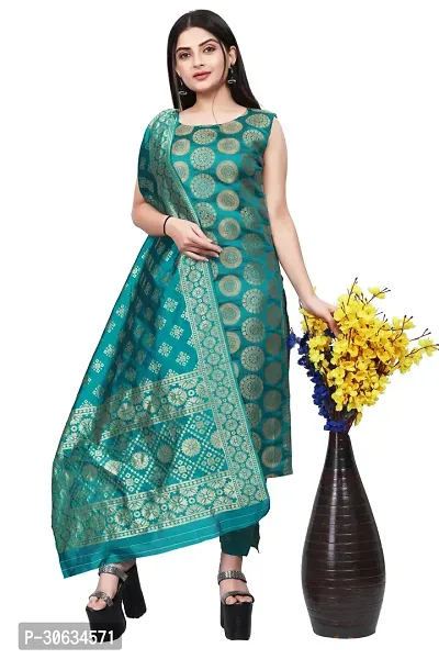 Elegant Green Banarasi Silk Jacquard Weave Dress Material with Dupatta For Women-thumb0