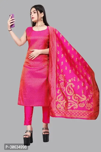 Elegant Pink Banarasi Silk Jacquard Weave Dress Material with Dupatta For Women