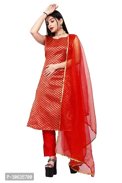 Elegant Red Banarasi Silk Jacquard Weave Dress Material with Dupatta For Women