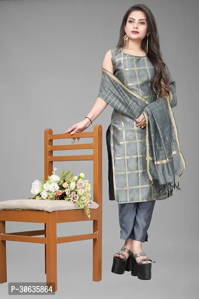 Elegant Grey Banarasi Silk Jacquard Weave Dress Material with Dupatta For Women