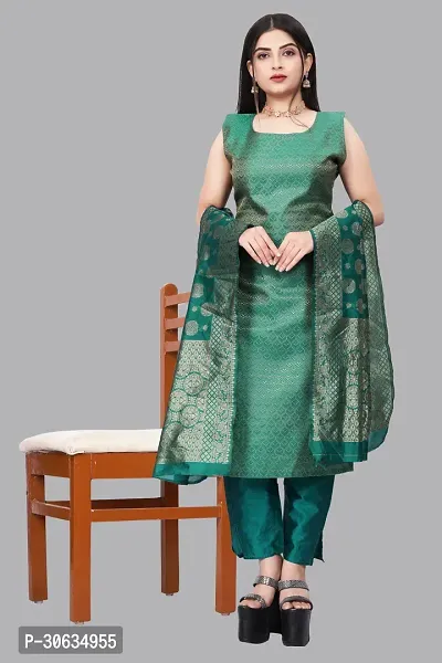 Elegant Green Banarasi Silk Jacquard Weave Dress Material with Dupatta For Women