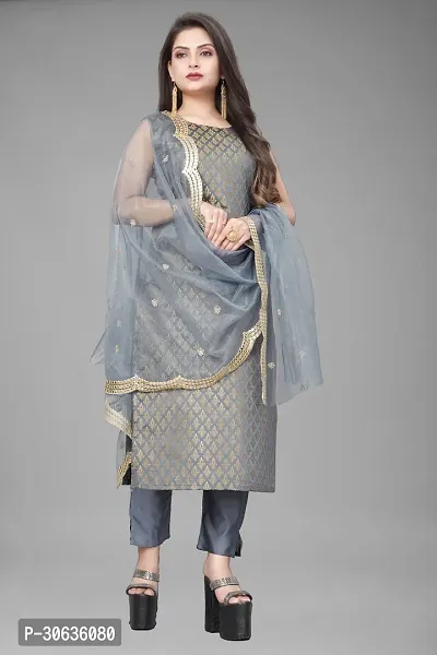 Elegant Grey Banarasi Silk Jacquard Weave Dress Material with Dupatta For Women-thumb0