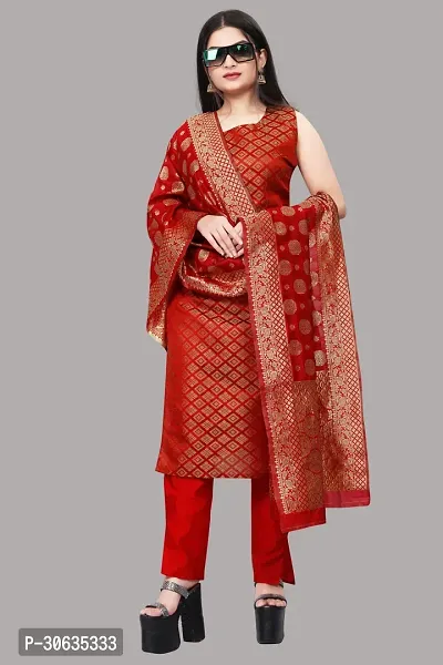 Elegant Red Banarasi Silk Jacquard Weave Dress Material with Dupatta For Women-thumb0