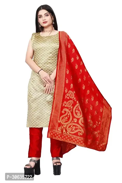 Elegant Beige Banarasi Silk Jacquard Weave Dress Material with Dupatta For Women