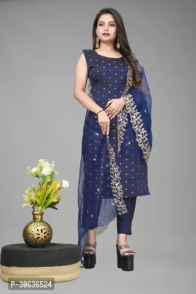 Elegant Navy Blue Banarasi Silk Jacquard Weave Dress Material with Dupatta For Women-thumb0