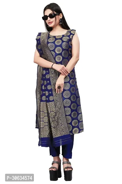 Elegant Navy Blue Banarasi Silk Jacquard Weave Dress Material with Dupatta For Women