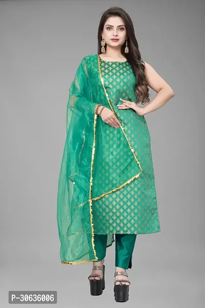 Elegant Green Banarasi Silk Jacquard Weave Dress Material with Dupatta For Women-thumb0