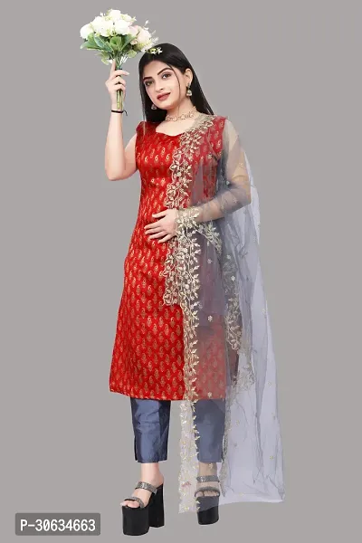 Elegant Red Banarasi Silk Jacquard Weave Dress Material with Dupatta For Women