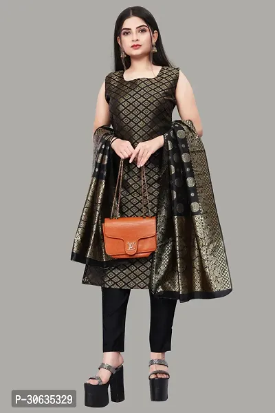 Elegant Black Banarasi Silk Jacquard Weave Dress Material with Dupatta For Women